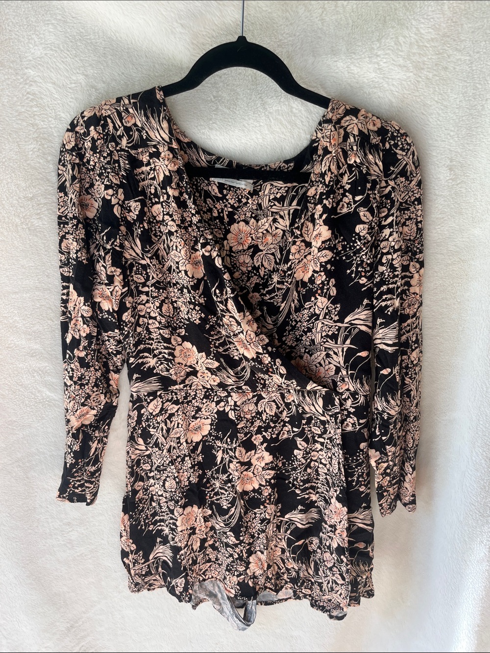 Urban Outfitters Black Long-Sleeve Floral Wrap Dress with Blush Print